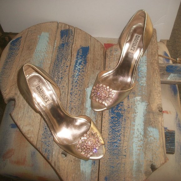 Badgley Mischka Dana Gold-Leather Open-Toe d'Orsay Pumps w Crystal Medallion - Picture 1 of 7